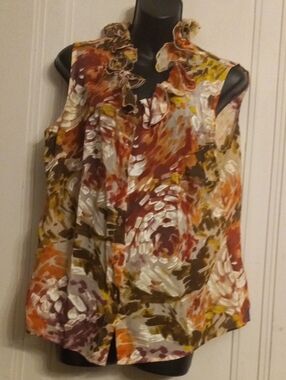 Escada Sleeveless Silk Ruffle-Neck Blouse in Autumn Floral Print